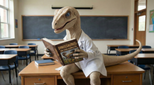 Didico, paleontólogo, lendo um livro sobre dinossauros