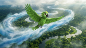 Louro Loureto voando perto de um rio voador