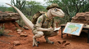 Dino Didico fazendo pesquisas sobre dinossauros brasileiros.