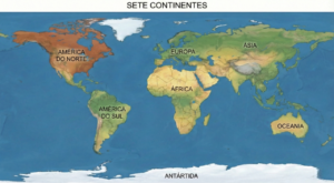 Mapa da Terra dividido em sete continentes.