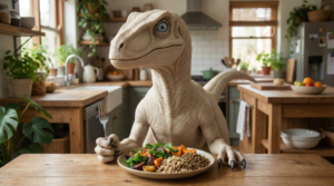 Dino Didico fazendo uma refeição sustentável para ajudar a mitigar o efeito estufa.