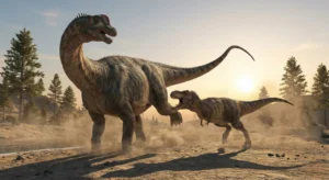 Um tiranossauro rex e um alamossauro no Cretáceo.