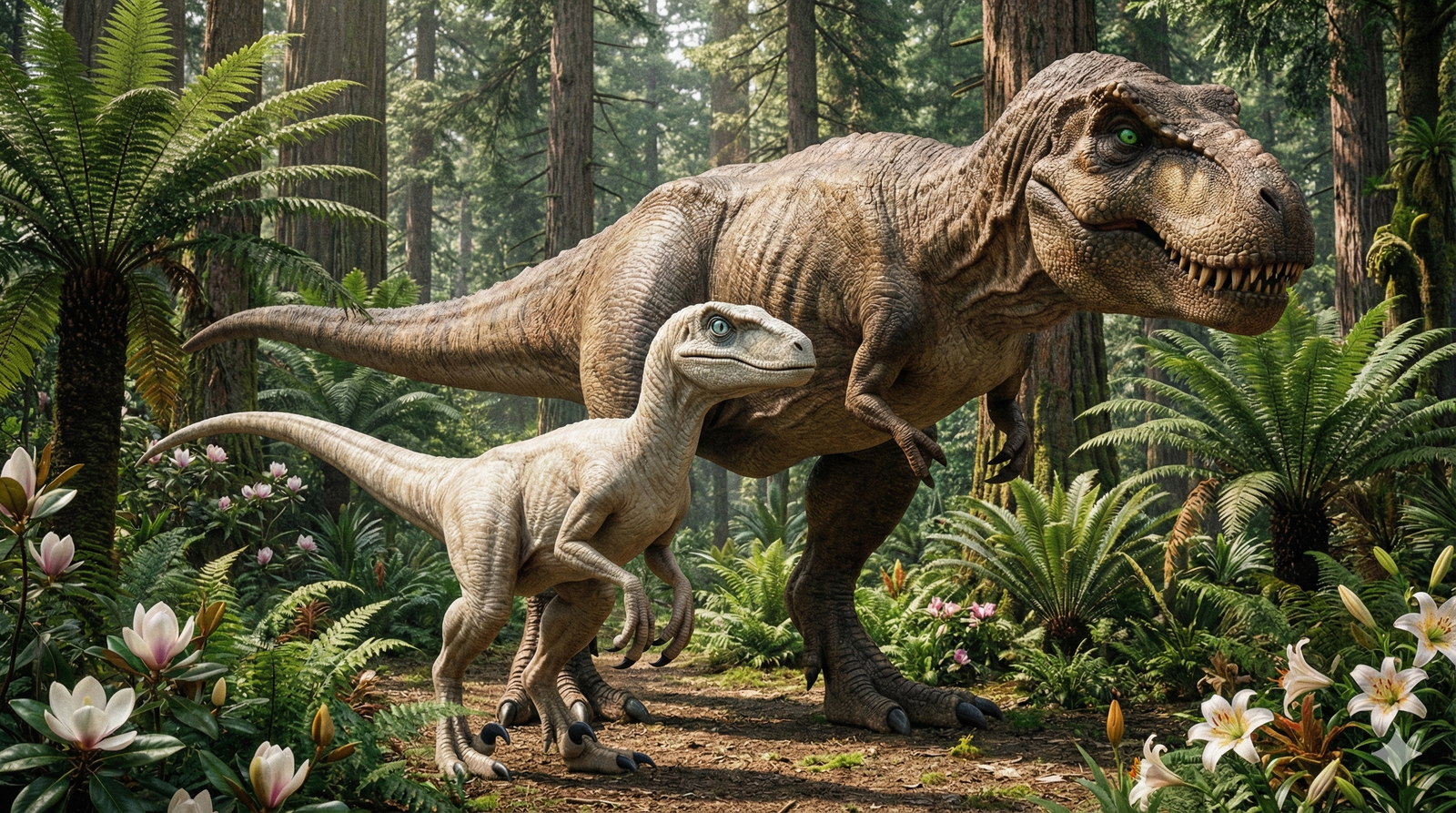 O Velociraptor Didico e seu amigo T-Rex na Era Mesozoica.