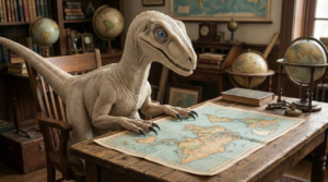 Dino Didico analisando quantos continentes existem no mapa da Terra.