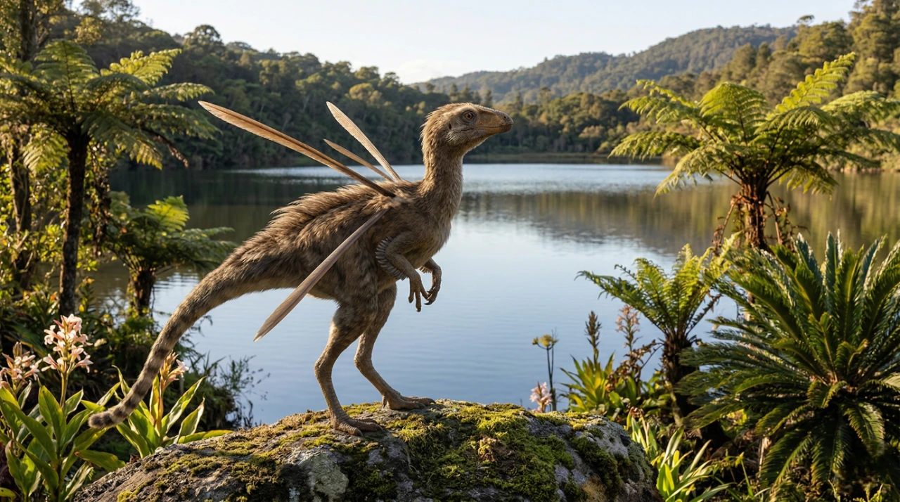 Ubirajara Jubatus em ilustração no seu habitat natural, na Era Mesozoica