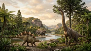 Dinossauros herbívoros se alimentando no Jurássico