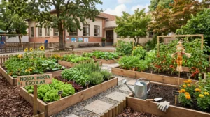 Horta escolar para estimular educação ambiental.