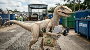 Dino Didico fazendo o descarte correto de lixo e praticando o consumo sustentável.
