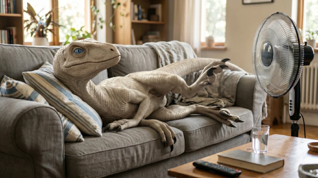 Dino Didico se refresca no ventilador duranto o El Niño.