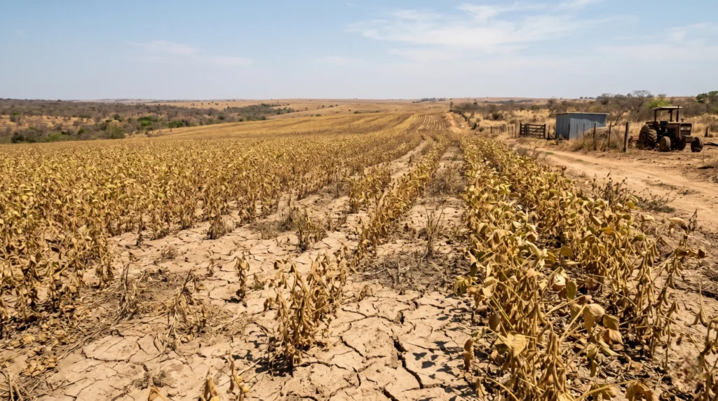 Plantação de soja impactada pelas altas temperaturas e escassez de chuvas.
