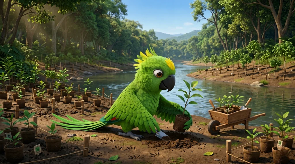 Louro Loureto plantando mudinhas ao redor de um rio.