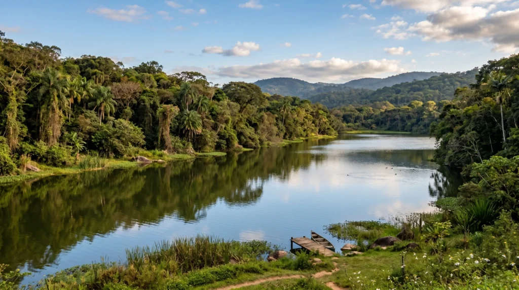 Uma paisagem intacta em volta de um rio.