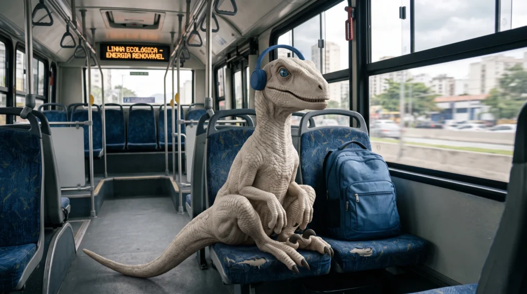 Dino Didico dentro de um ônibus com energia sustentável.