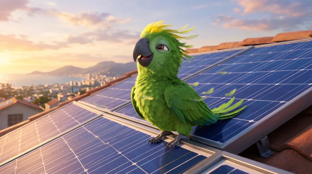 Louro Loureto pegando uma brisa em cima de um painel solar.