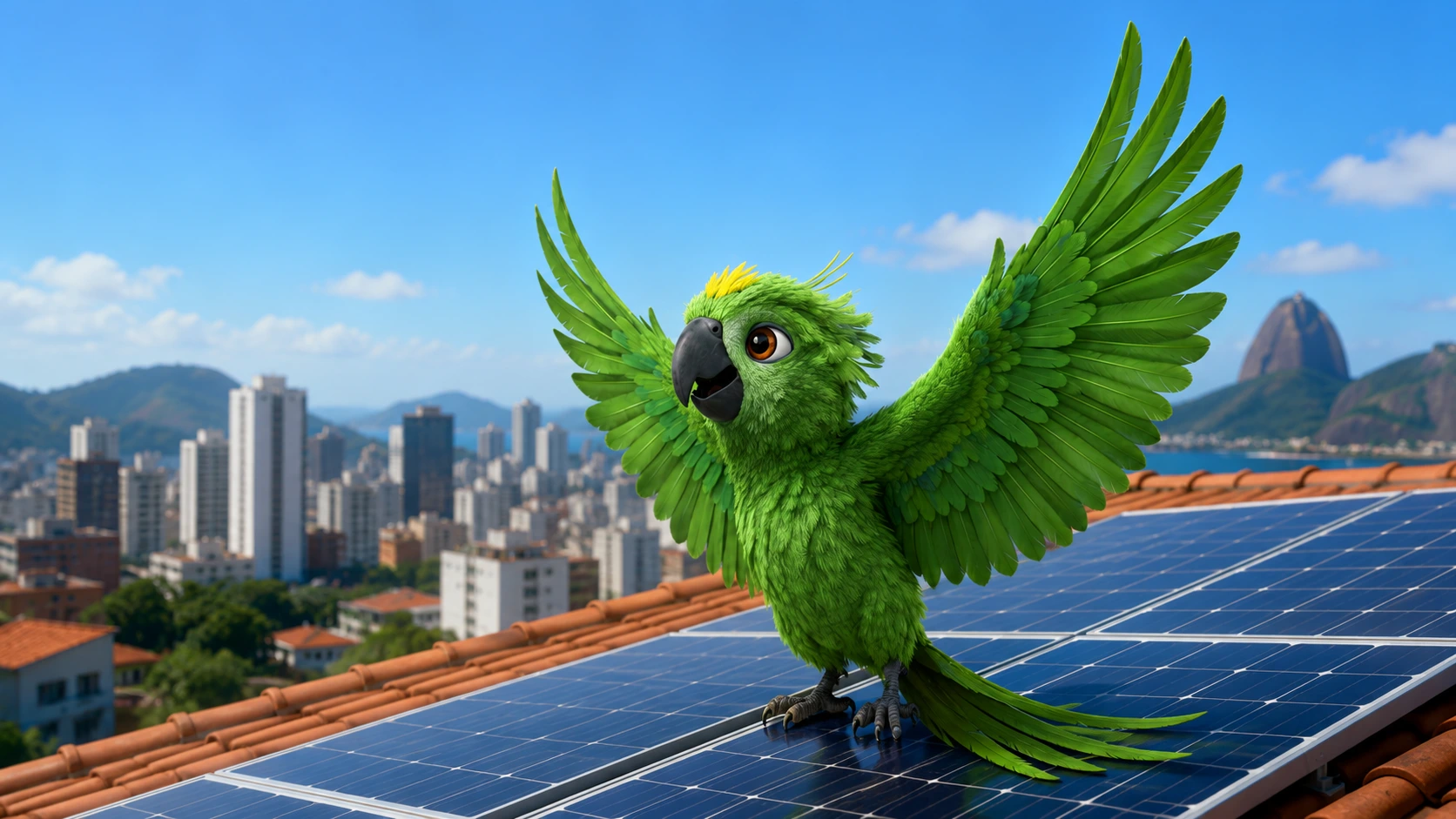 Louro Loureto em cima de um painel movido por energia solar.