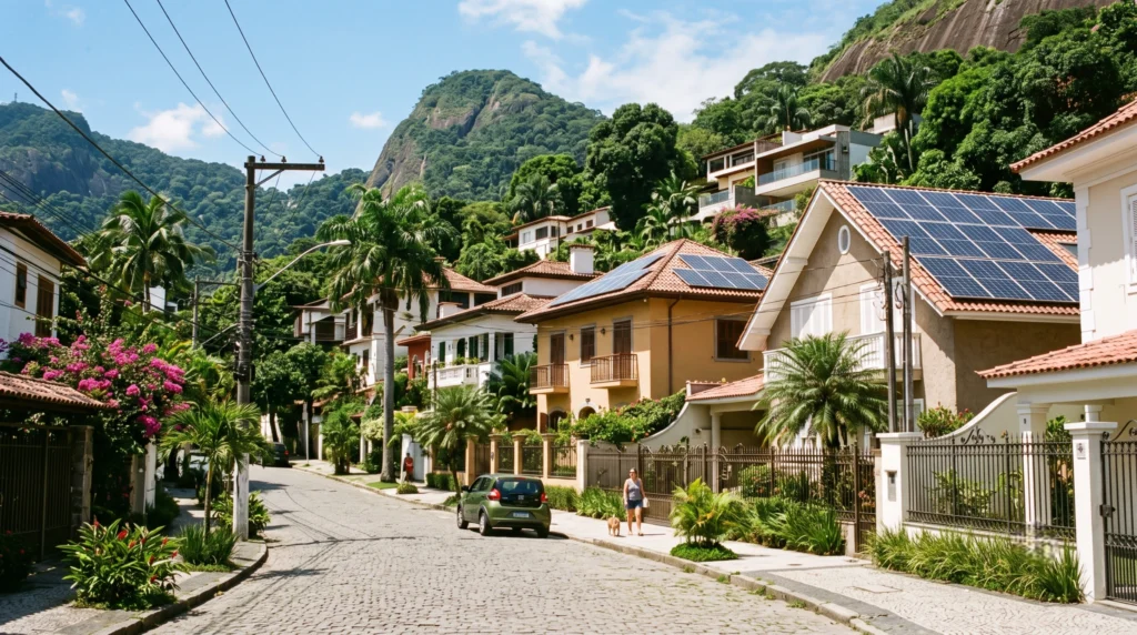 Casas com painéis que usam energia sustentável.