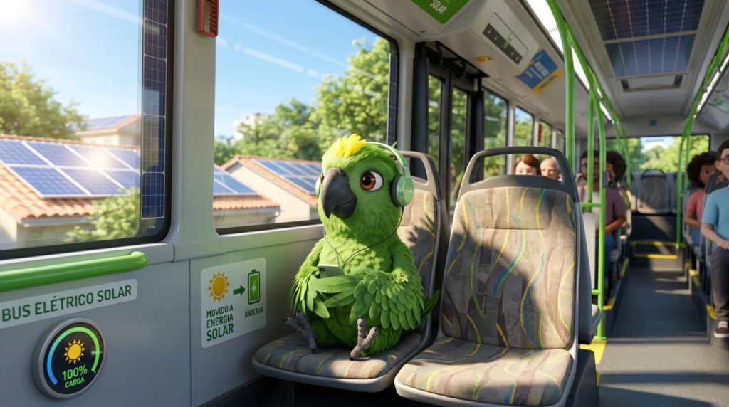 Louro Loureto em um ônibus sustentável.