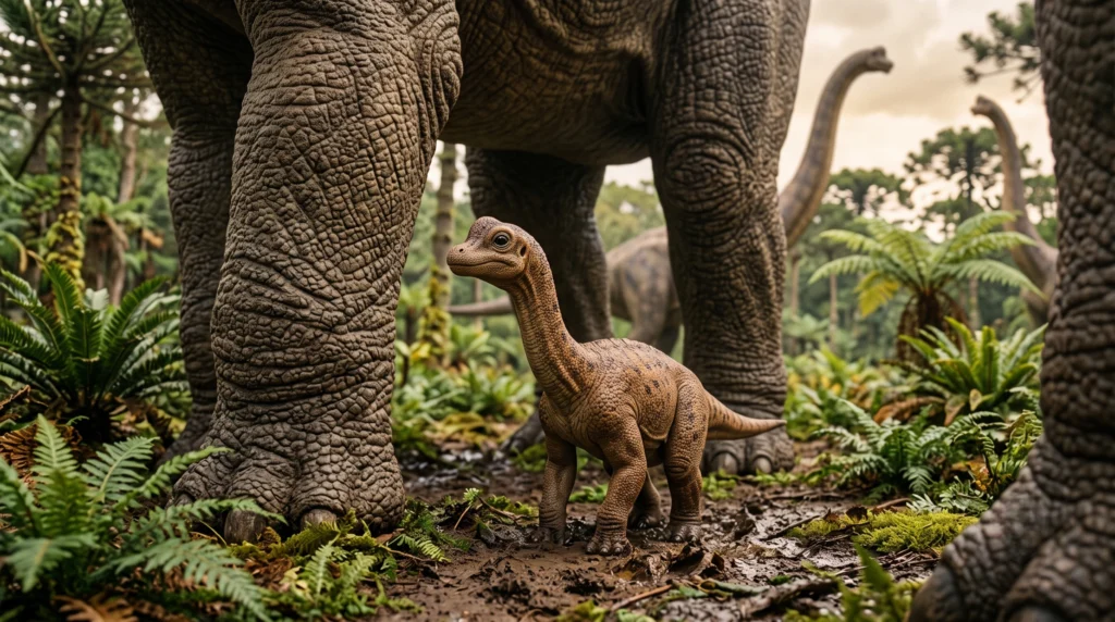 Dinossauro filhote sendo protegido pelos pais.