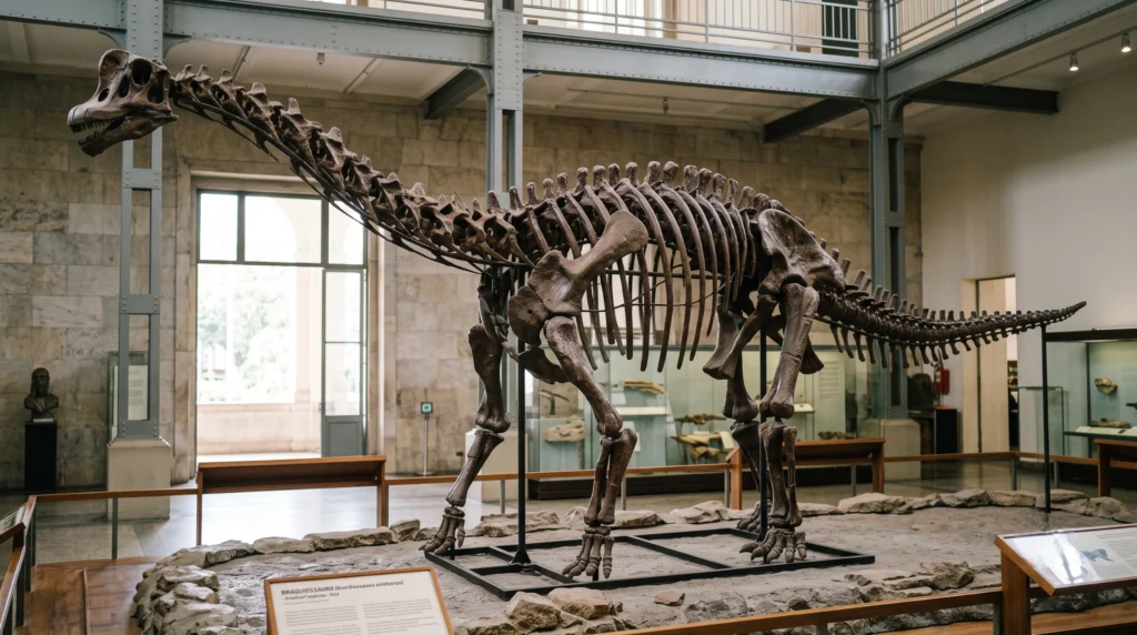 Ilustração de fóssil de dinossauro gigante.