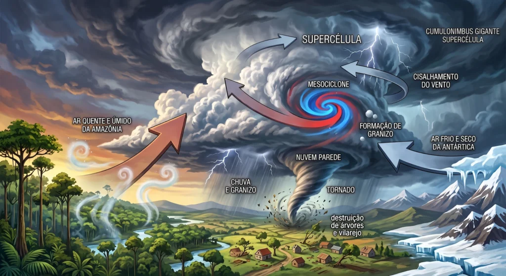 Ilustração dos processo que formam o tornado.