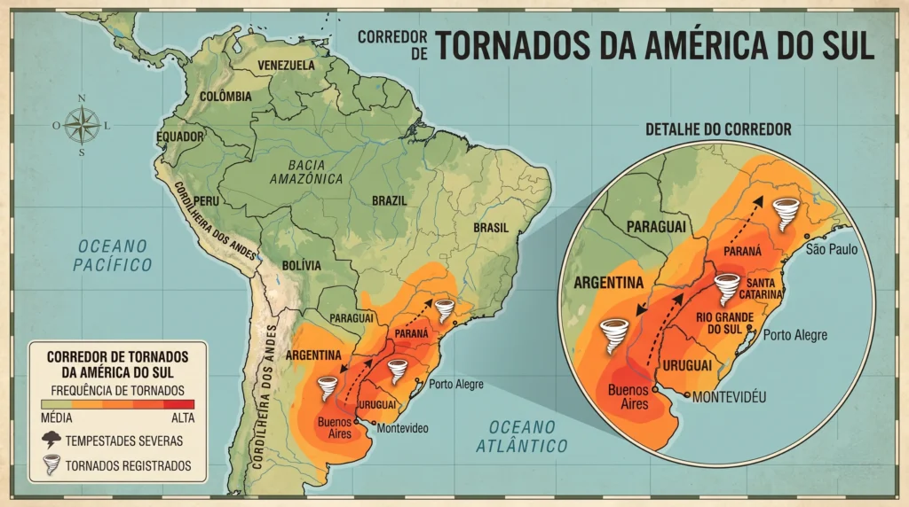 Ilustração do corredor de tornados da América do Sul.