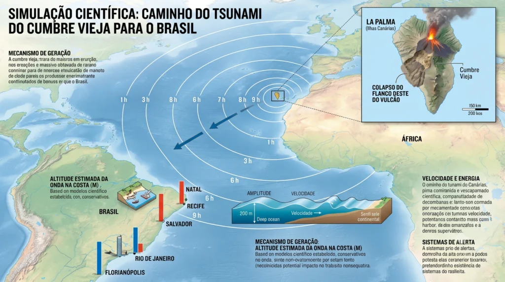 A simulação de tsunamis provocados pela erupção do Cumbre Vieja. 