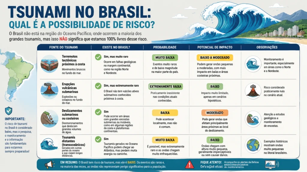 Ilustração sobre riscos de Tsunamis no Brasil.
