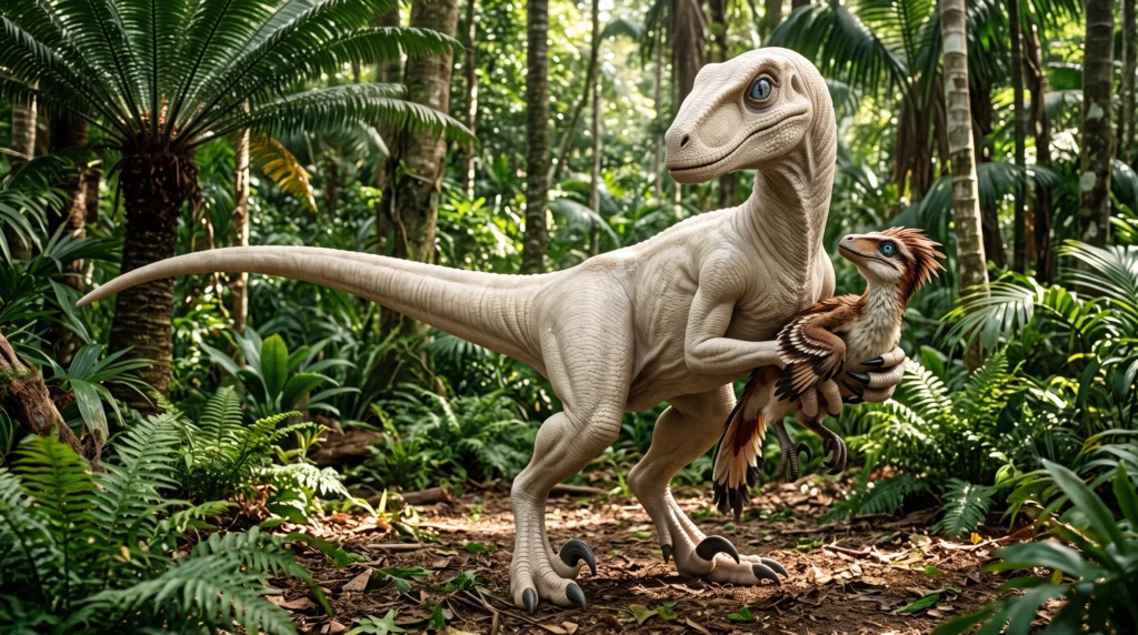Didico segura um Velociraptor cientificamente correto.