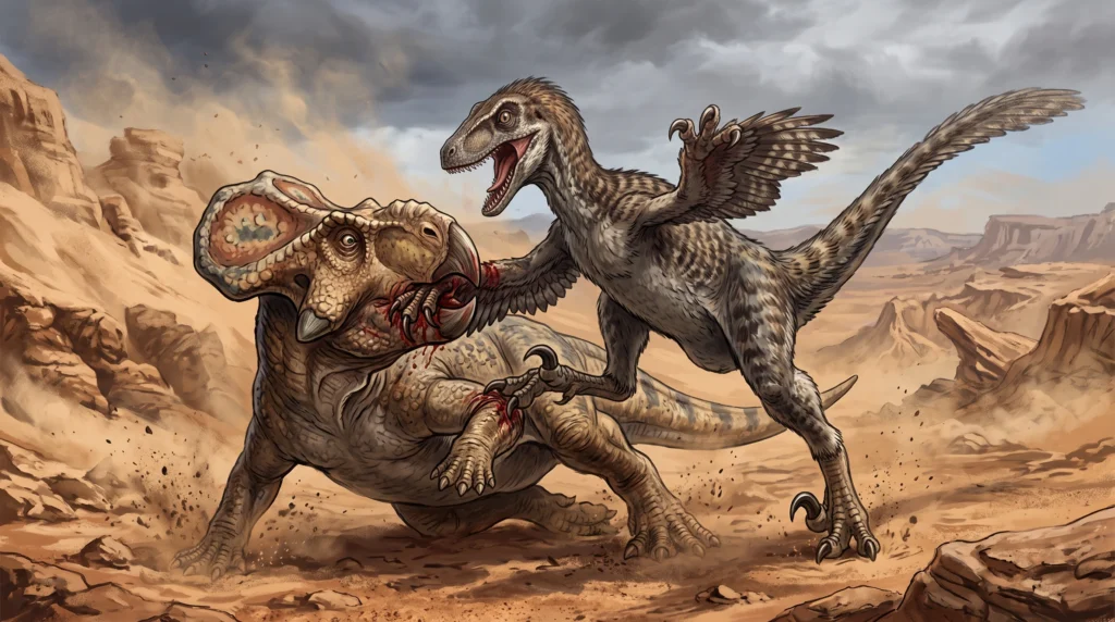 Um Velociraptor e um Protoceratops.