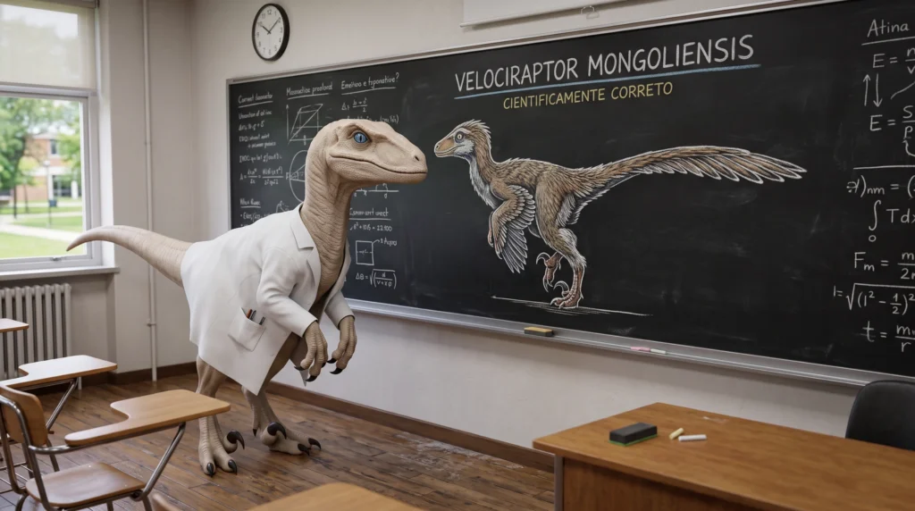 O Didico ao lado do desenho de um Velociraptor cientificamente correto. 